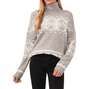 CeCe Gray and Cream Patterned Turtleneck Sweater